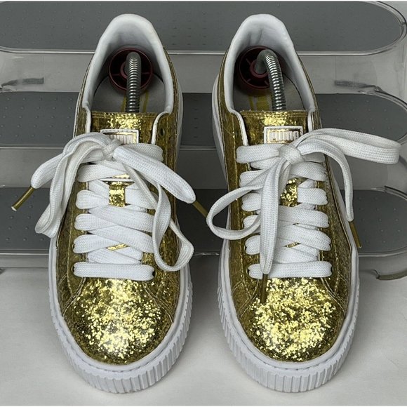 Puma Women's Basket Platform Gold Glitter Sneakers 364093-02 Size 7 - Picture 1 of 9